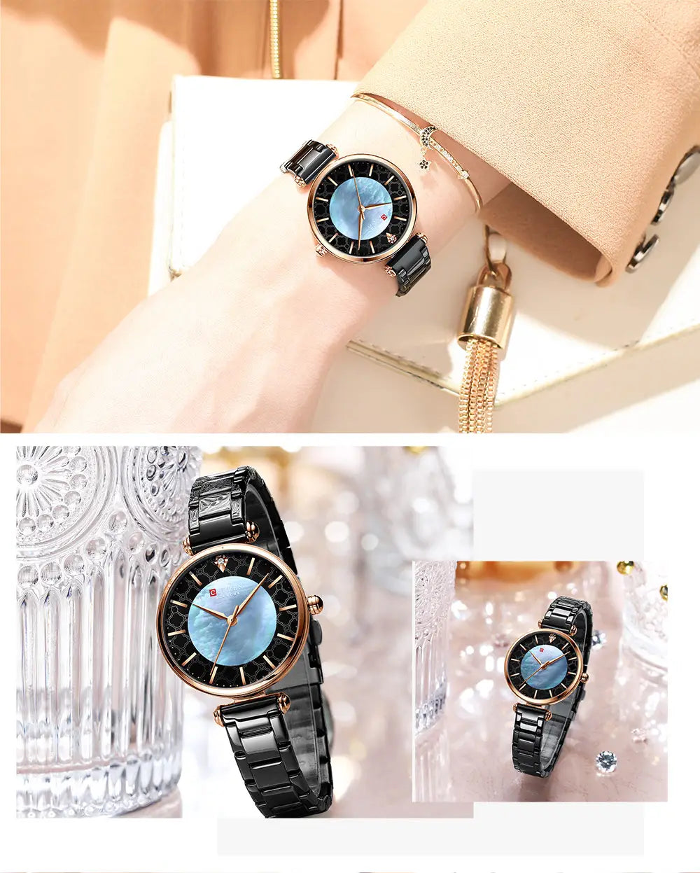 Curren women luxury thin quartz watch features a black ceramic band, rose gold-tone case, and light blue mother-of-pearl dial.