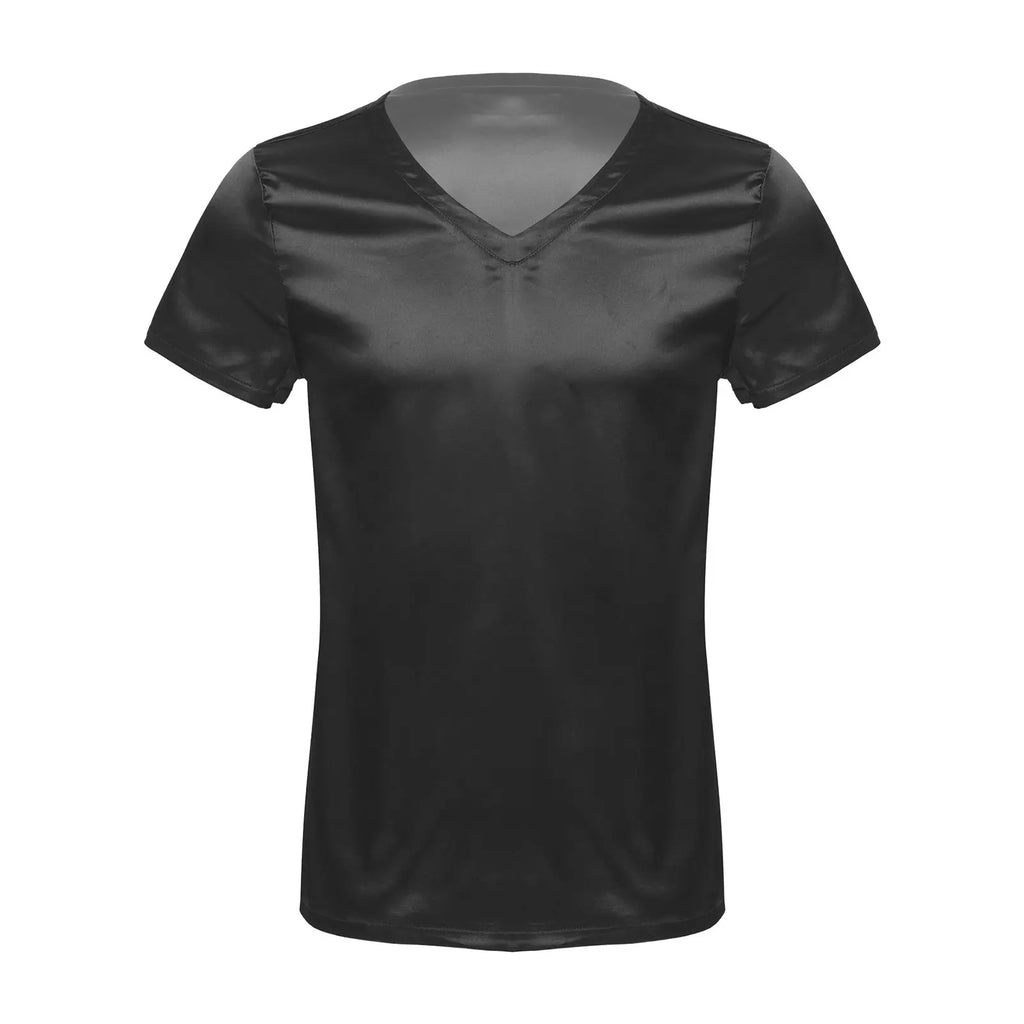 Men Male V Neck Short Sleeve Satin Casual T-Shirt Loose Pajamas Tops Tees Solid Color T Shirt Loungewear Sleepwear Nightwear