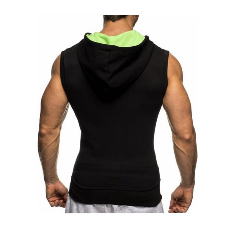Men sleeveless zip hoodie gym tank top activewear in black with neon green inner lining shown from the back side.