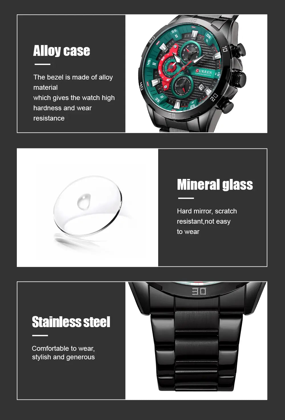 Curren men black green chronograph stainless steel watch with a black alloy case, vibrant green and red dial, mineral glass, and stainless steel bracelet.
