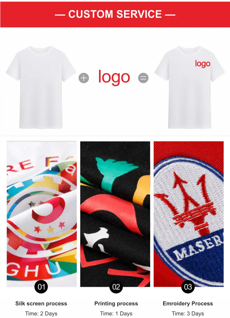 White cotton t shirt men customized with customizable logo printing options including silk screen standard print and embroidery shown with size chart.