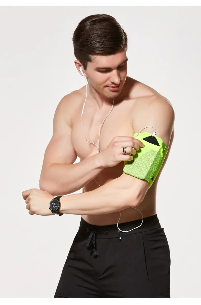 neon green textured running armband with a black phone slot designed for 6.5 inch phones.