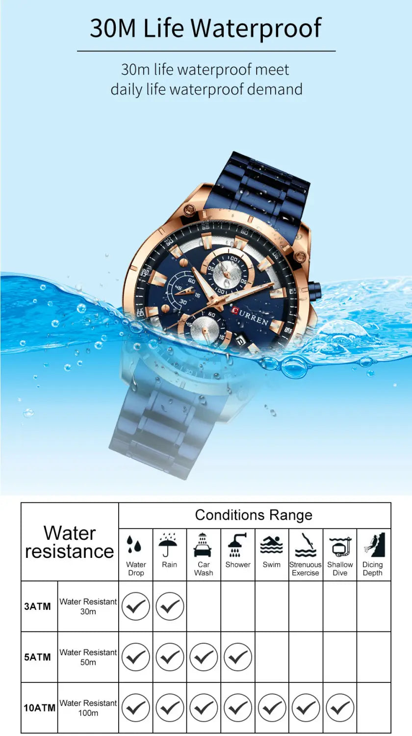 Chronographenuhr von Curren mit dunkelblauem Zifferblatt, roségoldfarbenem Edelstahlgehäuse und schwarzem Metallgliederarmband.