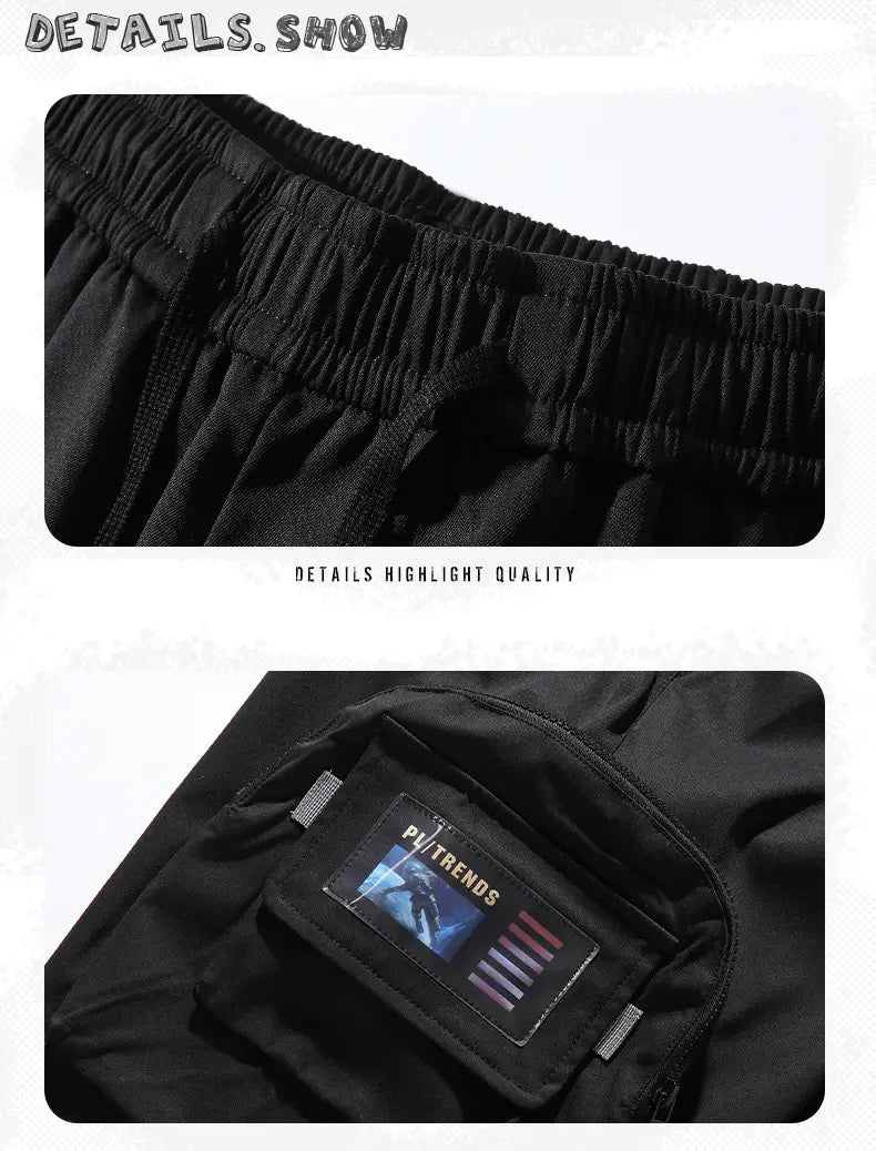 Herren schwarze taktische Cargo-Jogginghosen mit elastischem Bund und einem markenbezogenen Aufnäher auf der Tasche, geeignet für Streetwear und aktiven Einsatz