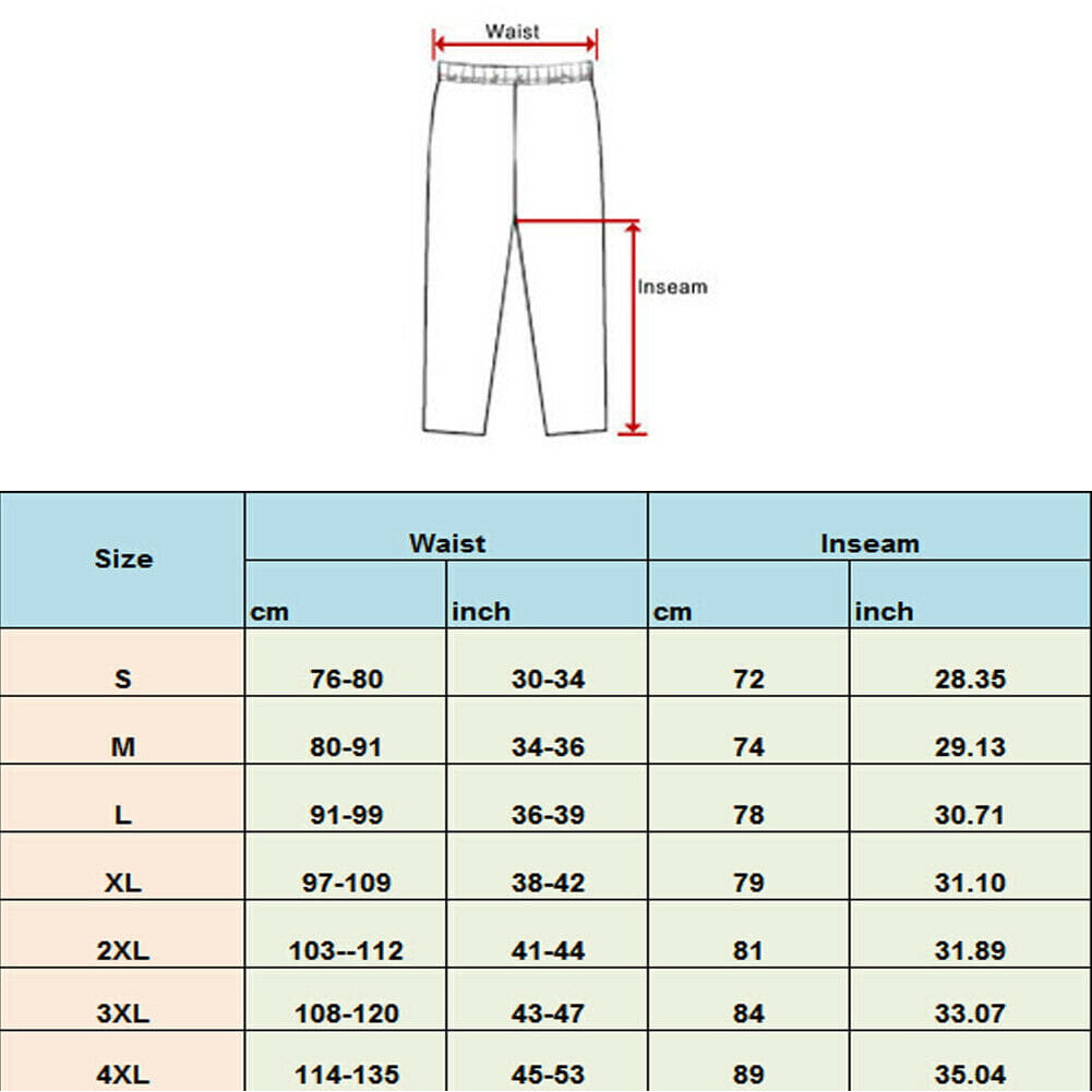pantalons de pyjama en satin de soie pour homme en blanc, avec taille élastique et coupe droite, indiquant des mesures de l’entrejambe étiquetées pour diverses tailles