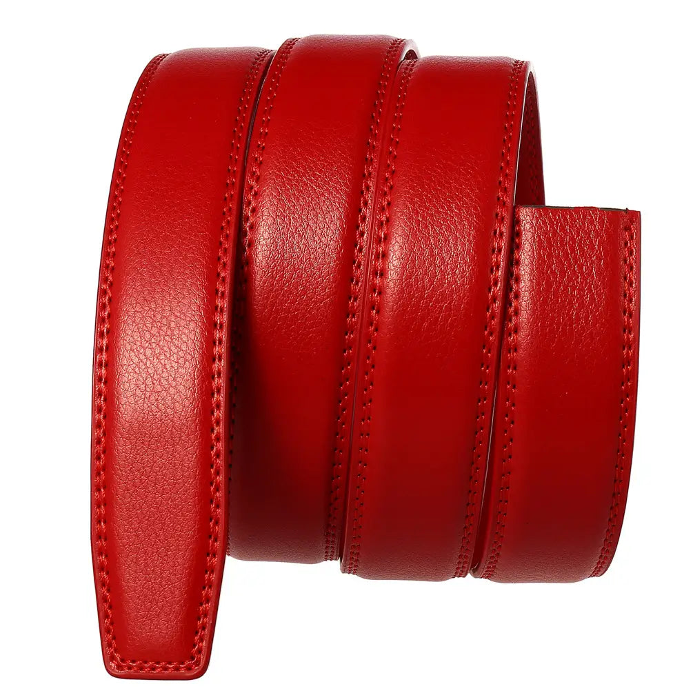 Sangle de ceinture en cuir véritable rouge vif pour homme de 3,1 cm, avec couture précise le long des bords.