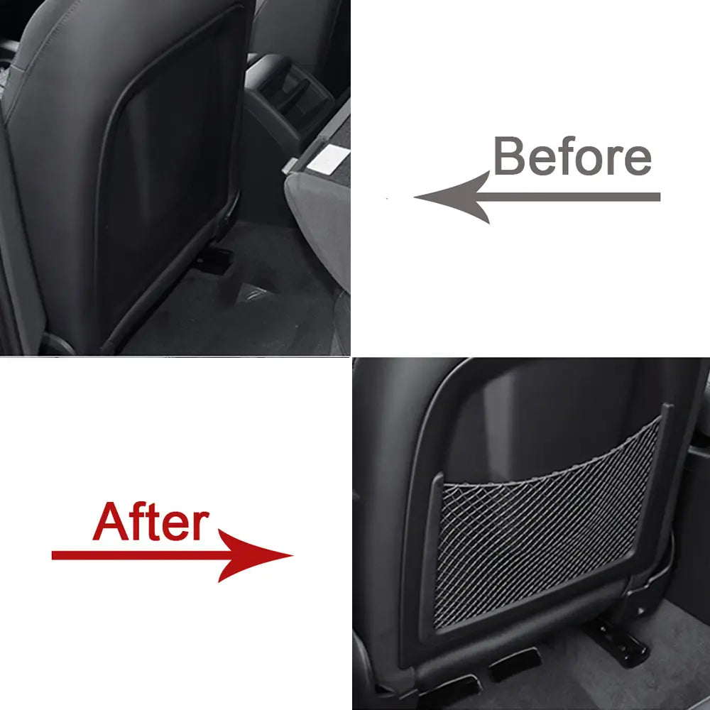 Bolsa de almacenamiento de malla negra hecha de material transpirable, fijada al lado posterior del respaldo de asiento de un Audi para un almacenamiento organizado.