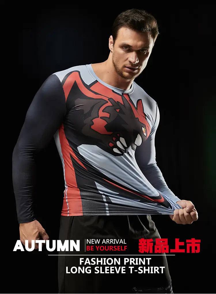A men’s compression basketball long sleeve shirt with gray sleeves and torso panels featuring a bold black and red dragon graphic on the chest.
