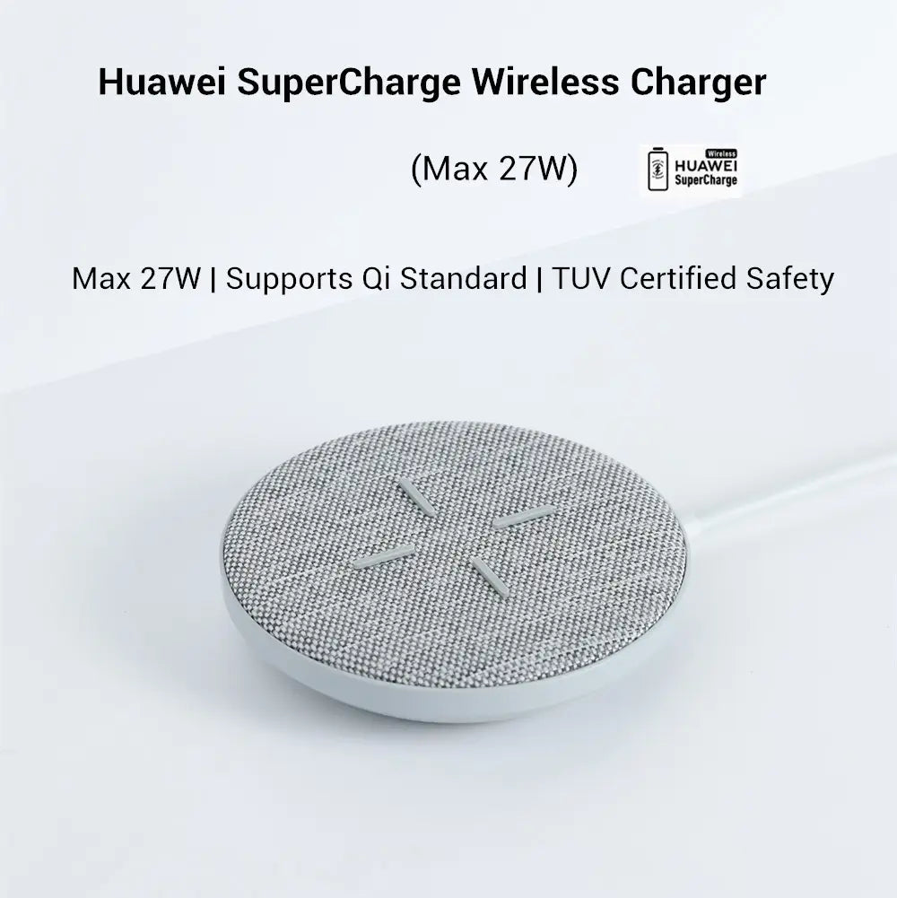 グレーのテクスチャ仕上げの円形デザインで、白いベースと銀色の位置合わせライン4本を備えた、Huawei ワイヤレス充電器（最大27W）Qi対応（効率的なワイヤレス充電のために）。