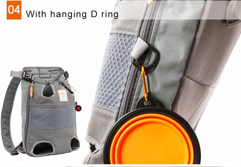 cuenco de agua plegable de silicona naranja con borde negro y clip mosquetón, diseñado para su uso con un portador tipo mochila de malla gris para perro mascota y gato para viajes y para el transporte de la bolsa para perros.