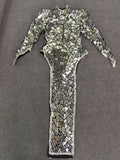 Nightclub Party Stage Show Wear Silver Sequins Backless High Slit Dresses for Women Dancer Singer Performance Reflective Costume
