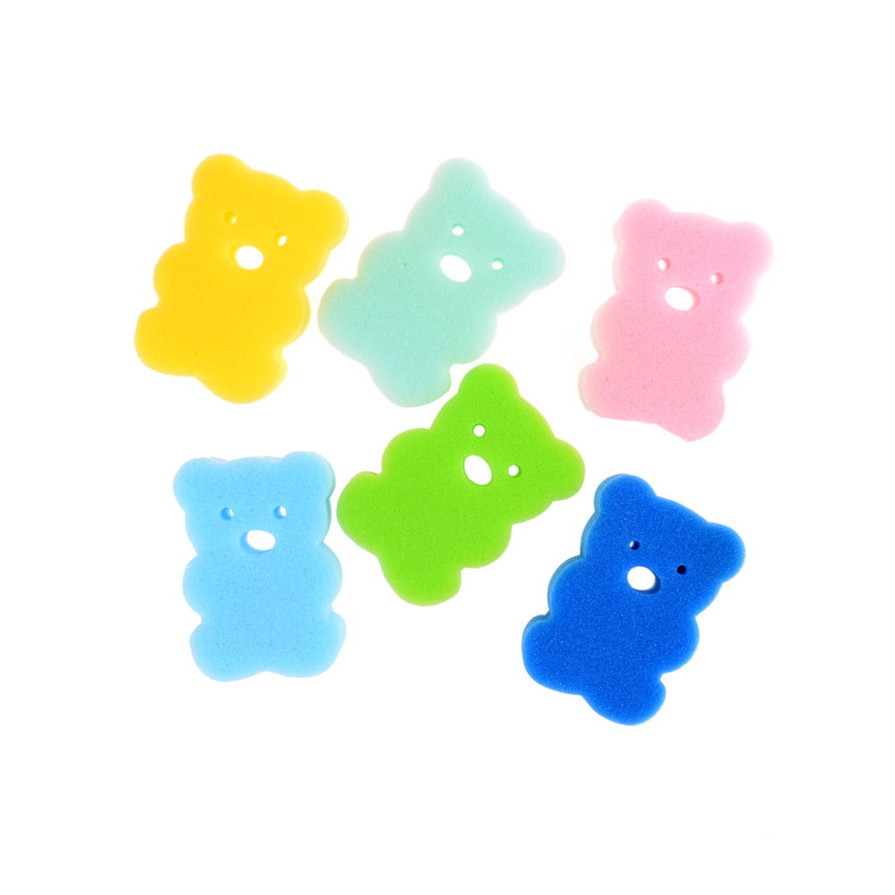 Bunte, transparente Gummibär-förmige Silikon-Baby-Badeschwämme für Bären in Gelb, Minzgrün, Rosa, Hellblau, Limettengrün und Dunkelblau als weiche Schaumbürsten für die Dusche.