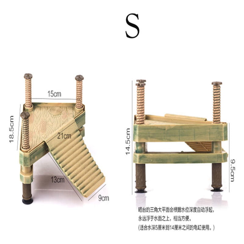 Grüne und beige Kunststoff-Schwimmschildkröten-Badeplattform mit Treppendesign zur Verwendung als Aquariumrampe.