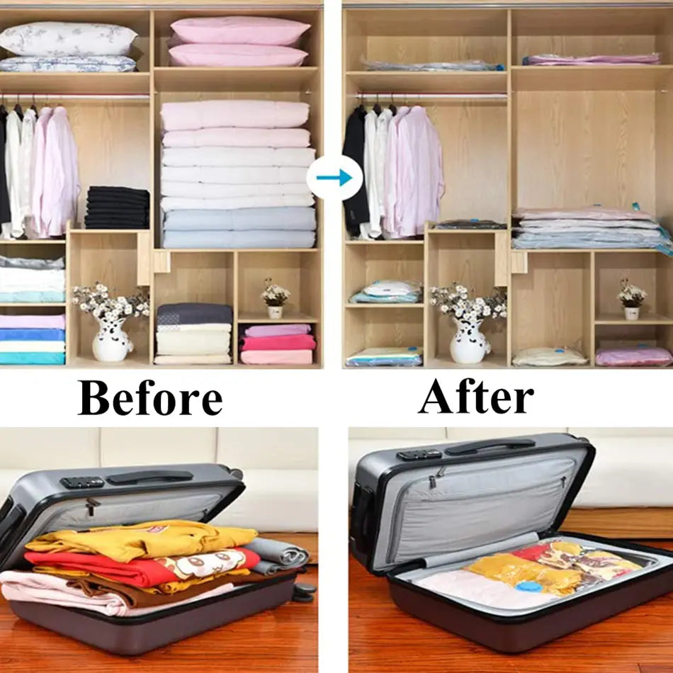 Placard en bois organisé avec des vêtements pliés et suspendus avec soin, des vases décoratifs et une valise, illustrant une efficacité de rangement améliorée grâce à des sacs de stockage sous vide avec pompe manuelle, sac de compression pour la literie et les vêtements.