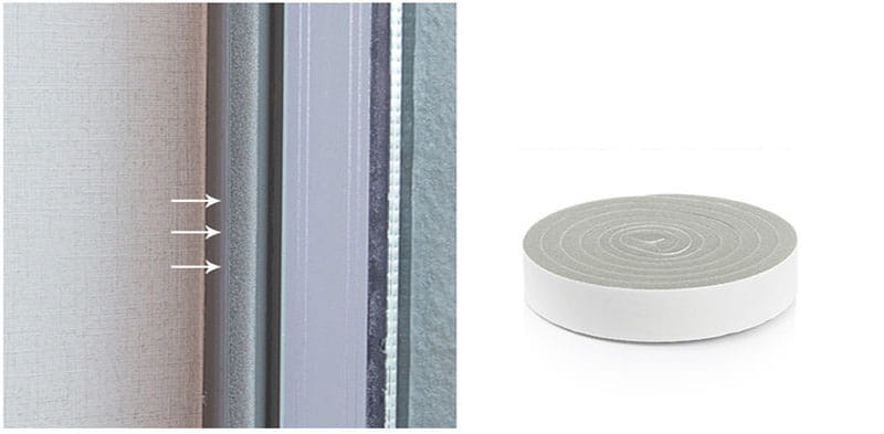 Bande d’étanchéité en mousse grise pour calfeutrage, avec un support adhésif blanc, enroulée en rouleau compact pour les applications d’étanchéité de portes et de fenêtres
