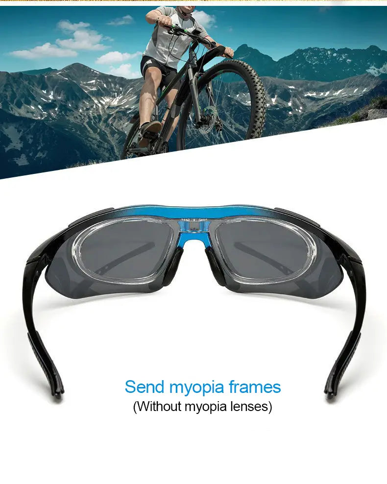 Lunettes de cyclisme à verres interchangeables pour équipement sportif, avec montures noires et bleues et verres gris foncé, conçues pour le cyclisme.