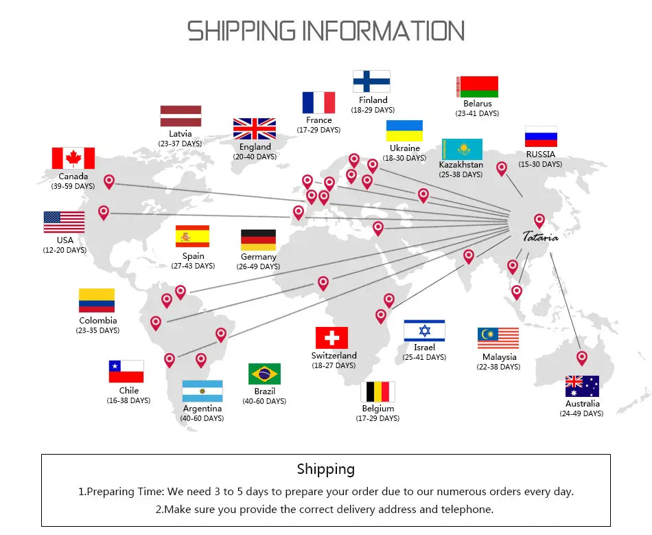 Shipping information map showing delivery times to various countries from toteria for the felt baby diaper caddy nursery storage basket.