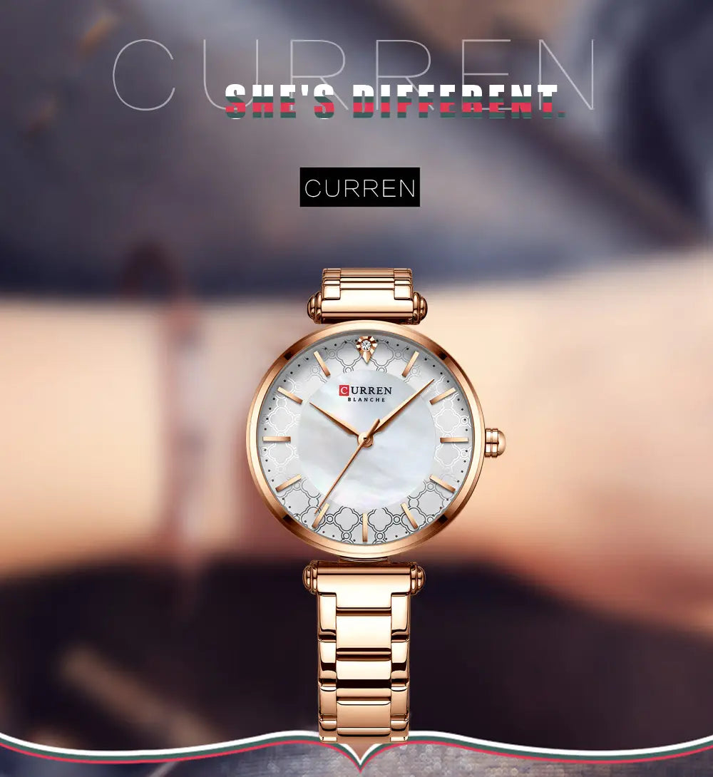 Rose gold-toned Curren women luxury thin quartz watch with a mother-of-pearl dial and a geometric pattern in blue ceramic.