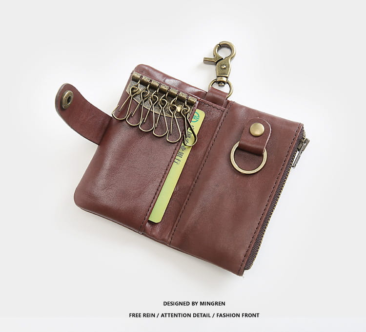 Brown leather key chain wallet for men featuring brass hardware and a zipper closure.