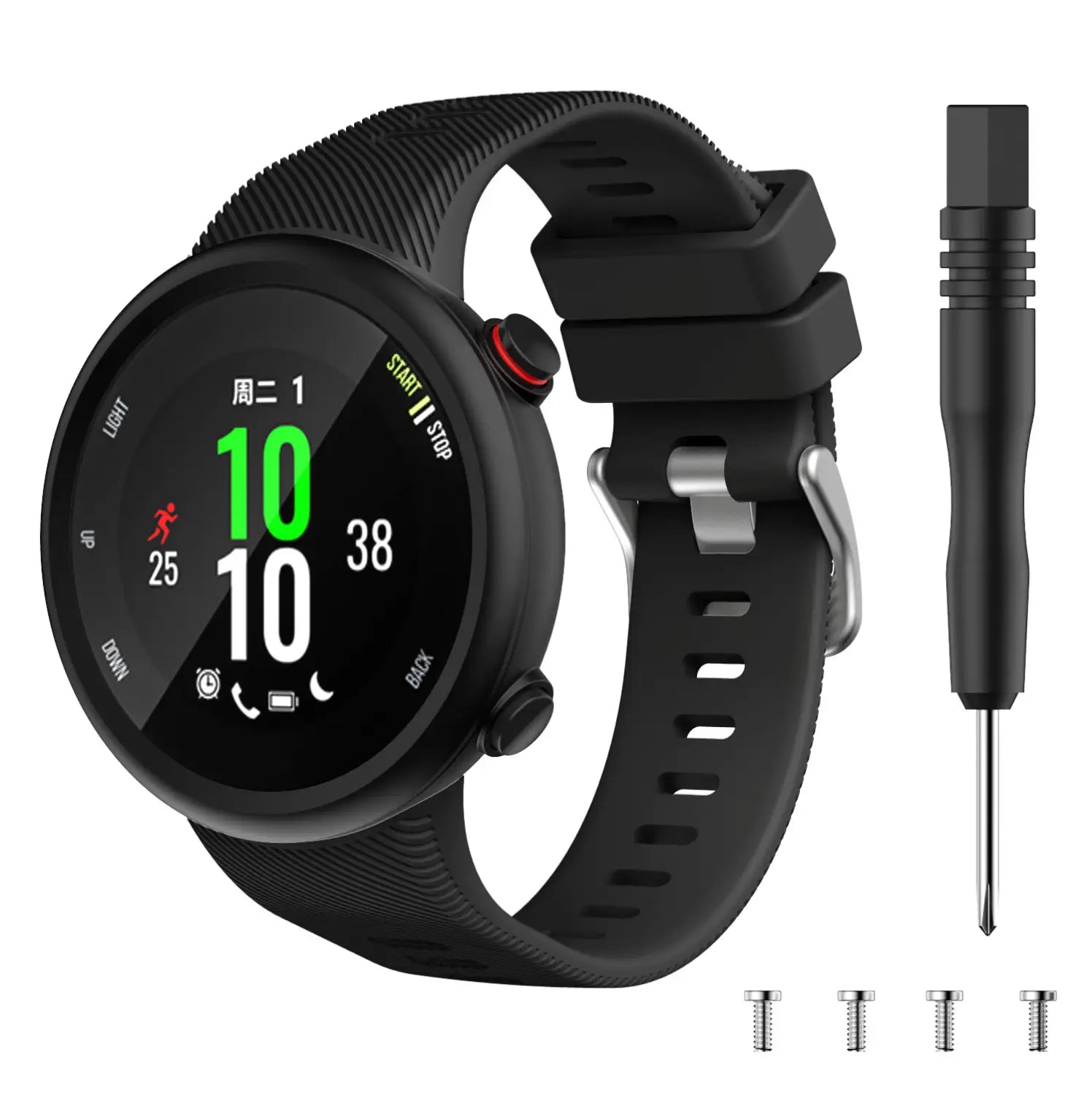 Reloj deportivo Garmin Forerunner 45 y Garmin Swim de silicona negra de alta calidad con una pantalla digital circular que presenta números verdes y caracteres chinos, correa texturizada y hebilla de tono plateado.