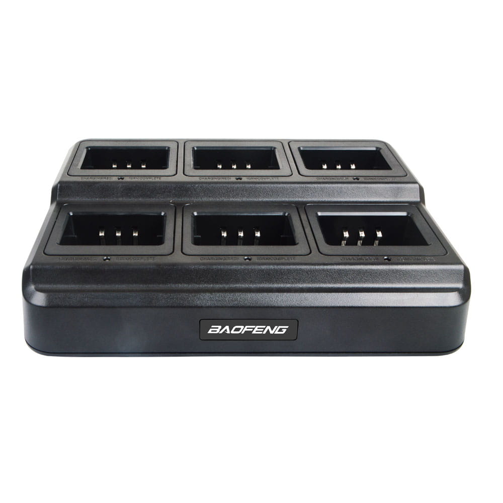 black baofeng bl-5x6 six way rapid walkie talkie charger with a matte finish and rectangular charging compartments for uv-5r radios.