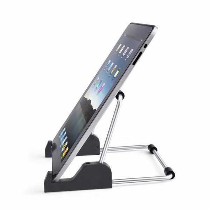 black and silver adjustable aluminum universal tablet holder stand with rubberized grips for secure device support