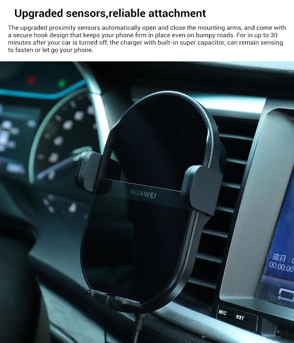 black huawei 50w wireless car charger with sleek curved design and secure hook attachment for mounting in a car