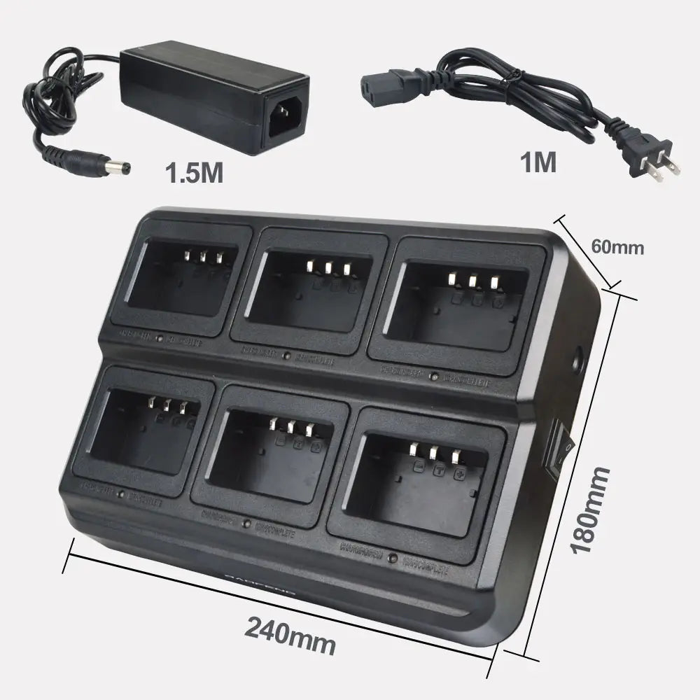 Black plastic bl-5x6 six way rapid walkie talkie charger with six battery compartments and included power adapter for uv-5r batteries.