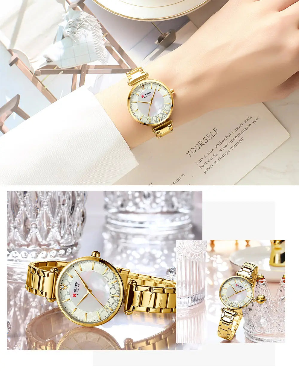 Curren women luxury thin quartz watch featuring a gold-toned case, white mother-of-pearl dial with crystal accents, and a sleek blue ceramic metal bracelet.