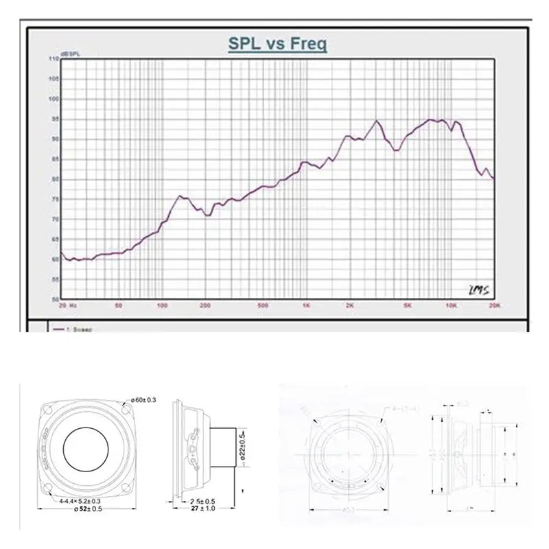 Technical diagram of a 3 inch 5w full range speaker driver unit showing frequency response curve and dimensional schematics for audio applications.