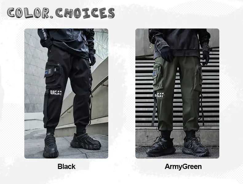 Herren schwarze taktische Cargo-Jogginghosen in Schwarz und Armeegrün mit mehreren Taschen, elastischen Bündchen und einem robusten Design für den Streetwear-Einsatz.