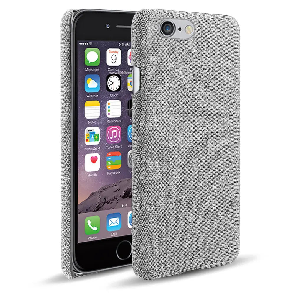 The back side of an iPhone SE 2016 fabric hard case gray slim cover with a gray textured woven fabric-like surface.