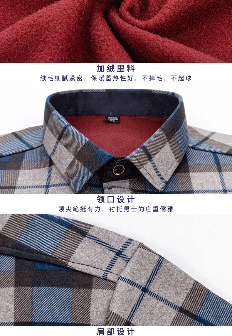 Chemise décontractée pour homme à coupe ajustée, manches longues, en carreaux bleu gris et noir, avec une doublure en polaire douce pour davantage de chaleur et de confort.