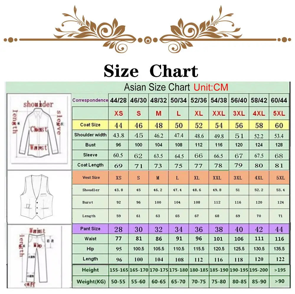 Tableau des tailles asiatique pour le costume de tuxedo de mariage pour hommes en velours noir à sequins brodés de perles, affichant des mesures en centimètres, de la taille XS à la taille 5XL.