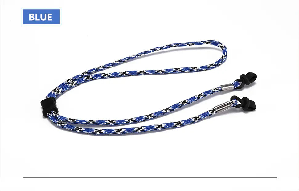 blue and white patterned braided eyewear strap with black silicone non-slip ends designed for sports use from a 10 pack collection