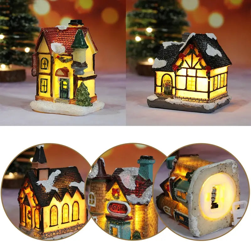 Les maisons du village de Noël, équipées d’une veilleuse à batterie, présentent de petites maisons miniatures en résine, avec des toits blanchis par la neige et des fenêtres lumineuses, pour une décoration festive.