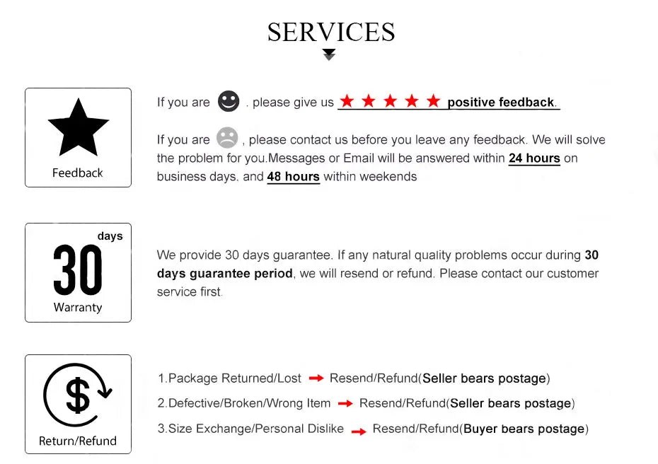 The customer service policy page for the leather car keychain set genuine lanyard key holder features black text on a white background outlining feedback expectations and return and refund procedures.