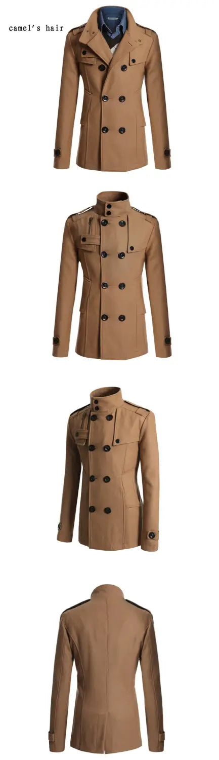 Manteau trench en laine noire pour homme à double boutonnage, présenté avec un manteau trench en laine camel, beige/brun, à double boutonnage, doté de boutons brun foncé et de pattes d’épaule discrètes.