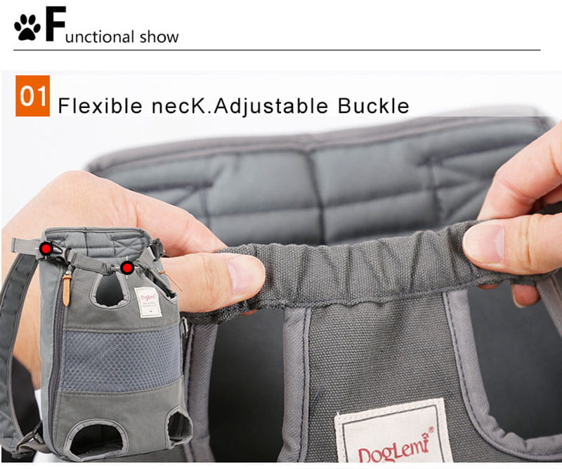 portador tipo mochila acolchado gris para perro mascota y gato para viajes, con una correa flexible para el cuello ajustable con hebilla roja para un transporte seguro de la bolsa para perros.