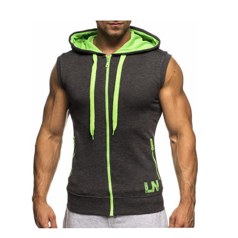 Dark gray sleeveless zip hoodie with neon green inner lining zipper pulls and side pockets designed for men activewear gym tank top.