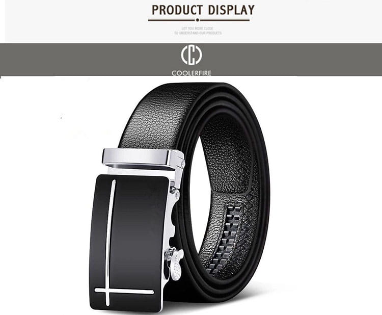 Men automatic leather belt in black with a sleek silver-toned automatic buckle featuring minimalist white line detailing.