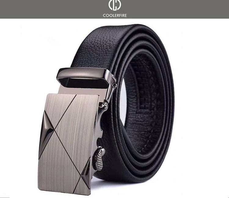 Men automatic leather belt featuring a black leather strap and a silver toned geometrically patterned automatic buckle.