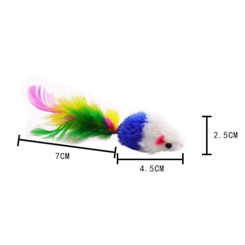 Juguete interactivo para gatos tipo caña con palo de madera, que incluye un ratón de felpa colorido con cabeza azul y blanca, nariz rosa, ojo negro y una cola con plumas multicolores, diseñado para el entretenimiento de gatos domésticos.