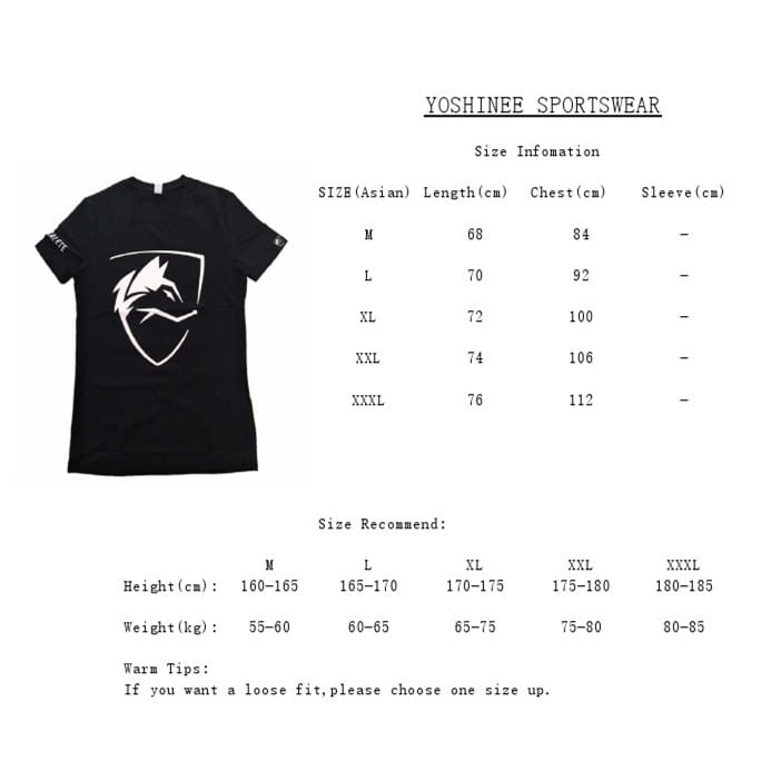 T-shirt d’entraînement gothique pour homme Black Yoshinee, avec logo de loup gothique et emblème de loup blanc sur la poitrine, en coton noir, tenue de sport, pour le streetwear et l’entraînement.