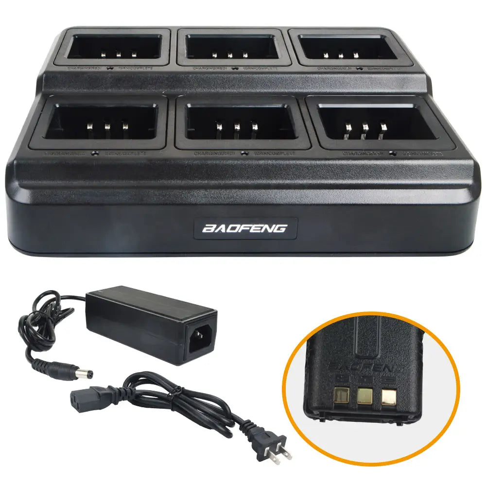 Black plastic bl-5x6 six way rapid walkie talkie charger for uv-5r with included power adapter and battery clip.