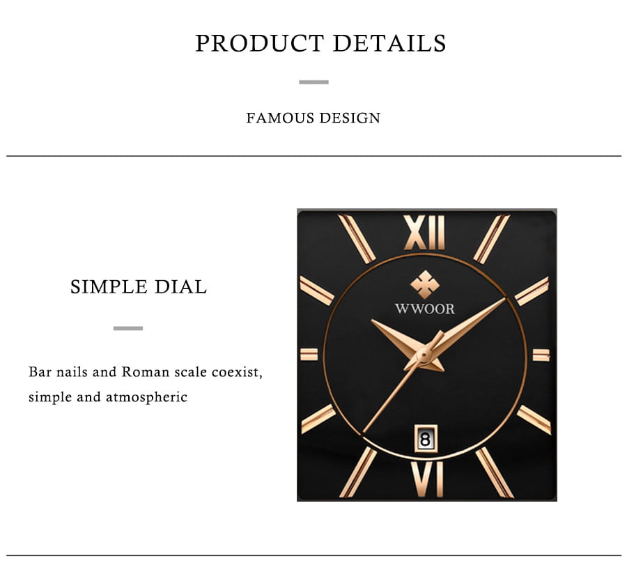 Wwoor blue square women luxury stainless steel watch with a black dial featuring gold-toned bar nail and roman numeral hour markers and a date window at the six o’clock position.