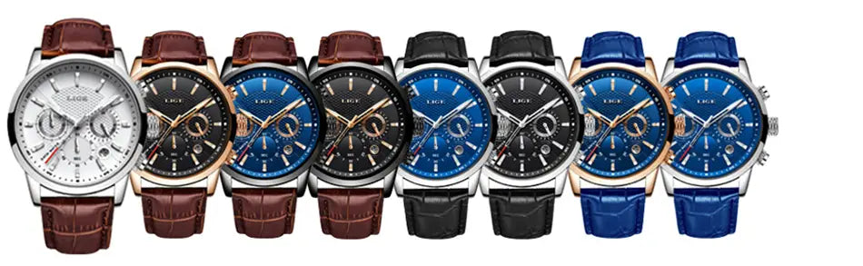 A collection of lige men’s leather chronograph quartz watches featuring brown black and blue leather straps with silver and rose gold metallic cases.