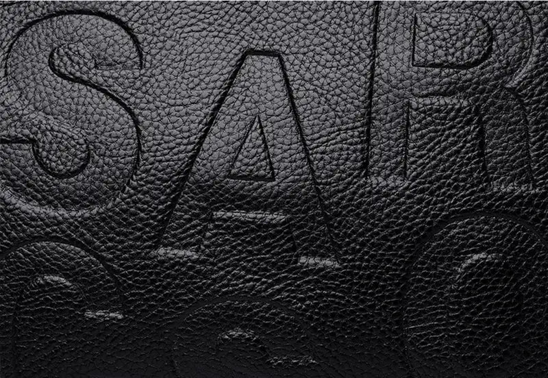 black crossbody handbag in pu leather with a textured embossed sar lettering detail style1 style2