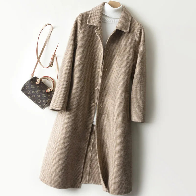 New Women Jacket Winter Woolen Coat Elegant Turn Down Collar Plaid Long Woolen Coat Single-breasted Warm Coat Casaco Feminino