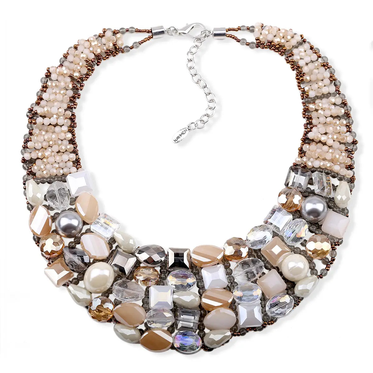Crystal pearl statement choker necklace featuring a multi-strand design with clear frosted and metallic beads in champagne silver and bronze tones.